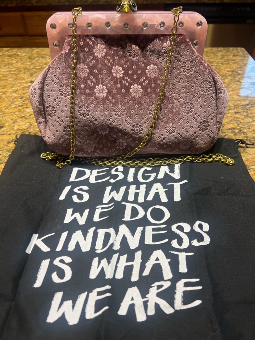 Khurt Geiger Pink Floral Velvet Evening Clutch with Gold Chain